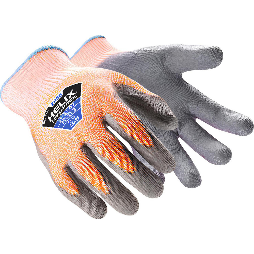 Cut, Puncture & Abrasion-Resistant Gloves: Helix 2050, Size X-Large, ANSI Cut A7, ANSI Puncture 3, HPPE, Steel & Fiberglass Lined, HPPE Blend - Orange, Palm Coat Grip, Pair,   High Visibility   ANSI Abrasion 6