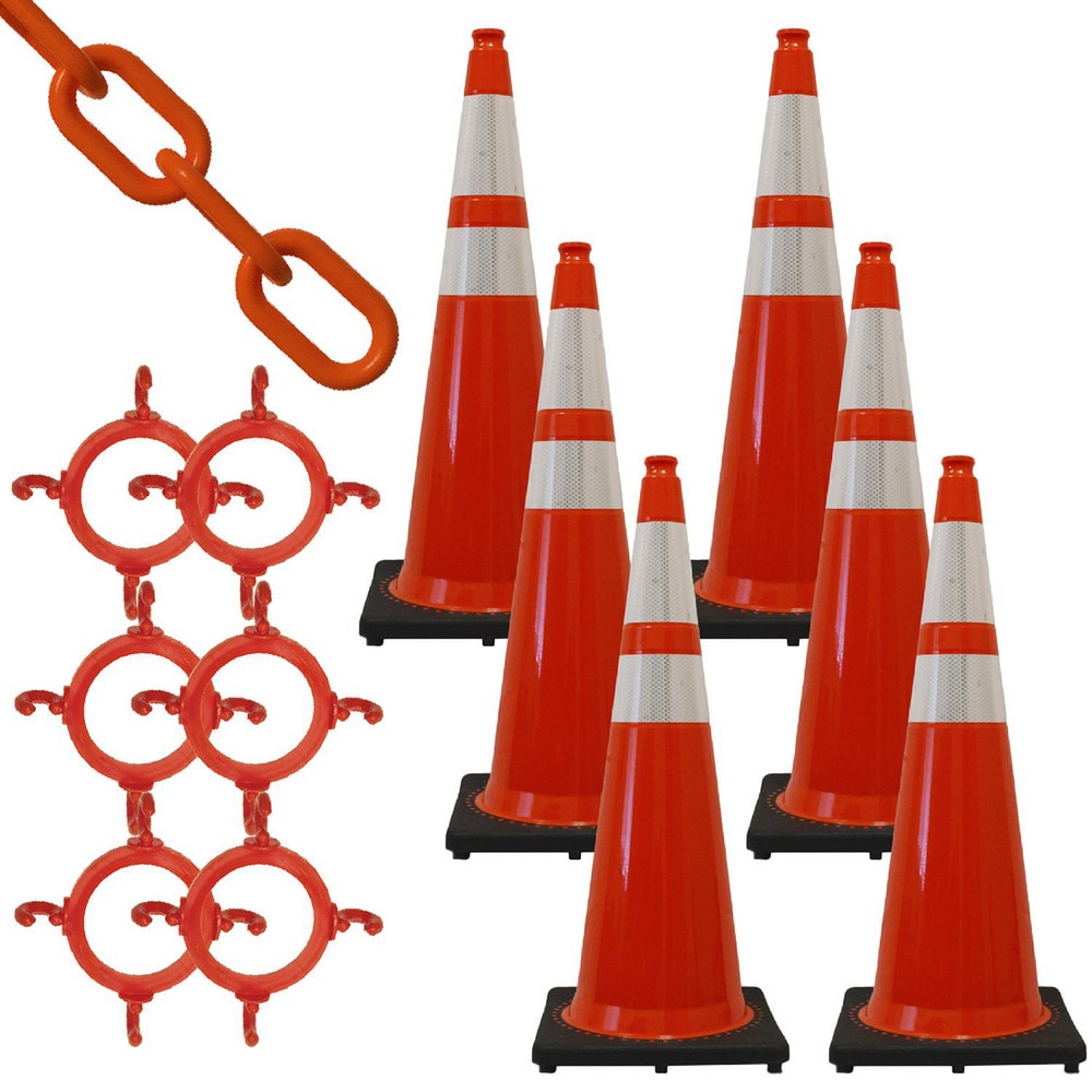 Traffic Cone with Reflective Collar & Chain Kit: Plastic, Traffic Orange, 50' Long, 2" Wide