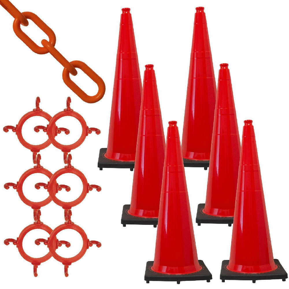 Traffic Cone & Chain Kit: Plastic, Traffic Orange, 50' Long, 2" Wide