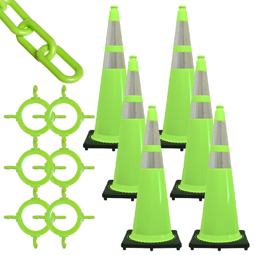 Traffic Cone with Reflective Collar & Chain Kit: Plastic, Safety Green, 50' Long, 2" Wide