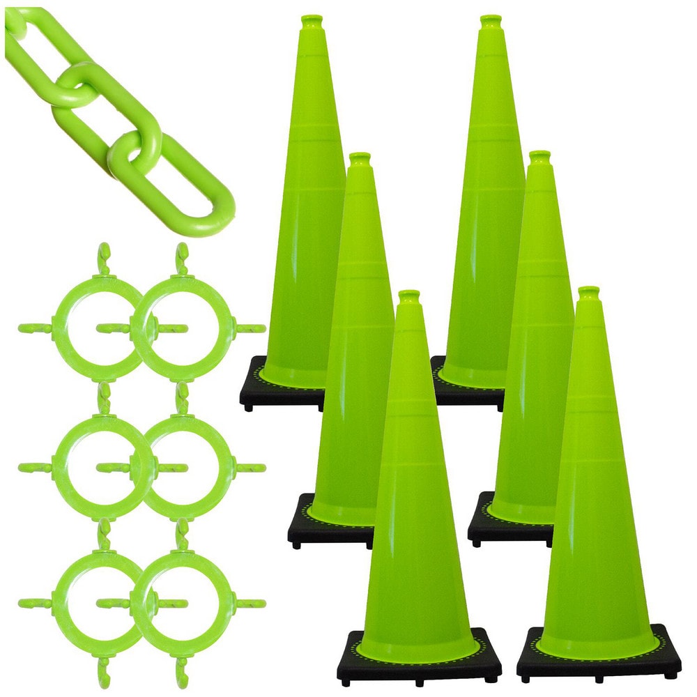 Traffic Cone & Chain Kit: Plastic, Safety Green, 50' Long, 2" Wide