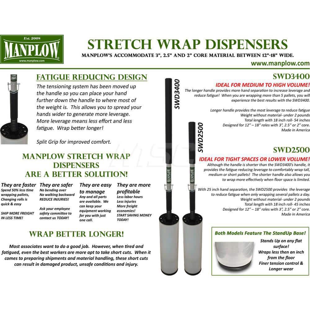 Manplow SWD3400 Hand-Held Stretch Wrap Dispensers; Style: Handheld Dispenser ; Tape Width: 12 - 18 