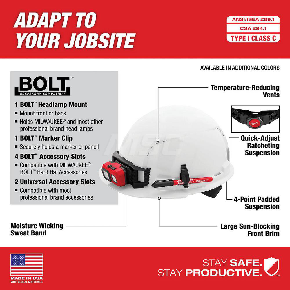 Milwaukee Tool Hard Hat Construction, Front Brim, Class C, 4Point