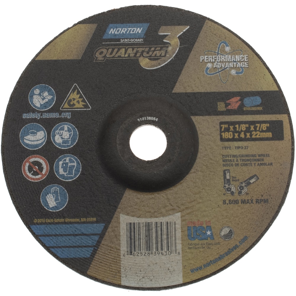 Depressed Grinding Wheel:  Type 27,  7" Dia,  1/8" Thick,  7/8" Hole,  Ceramic Alumina