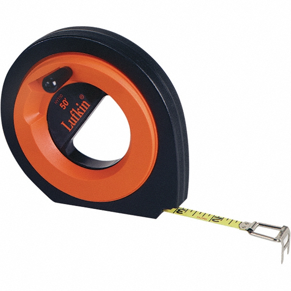 Tape Measure: 164' Long, 3/8" Width, Yellow Blade - 1/8" Graduation, Inch & Metric Graduation, Black & Orange Case