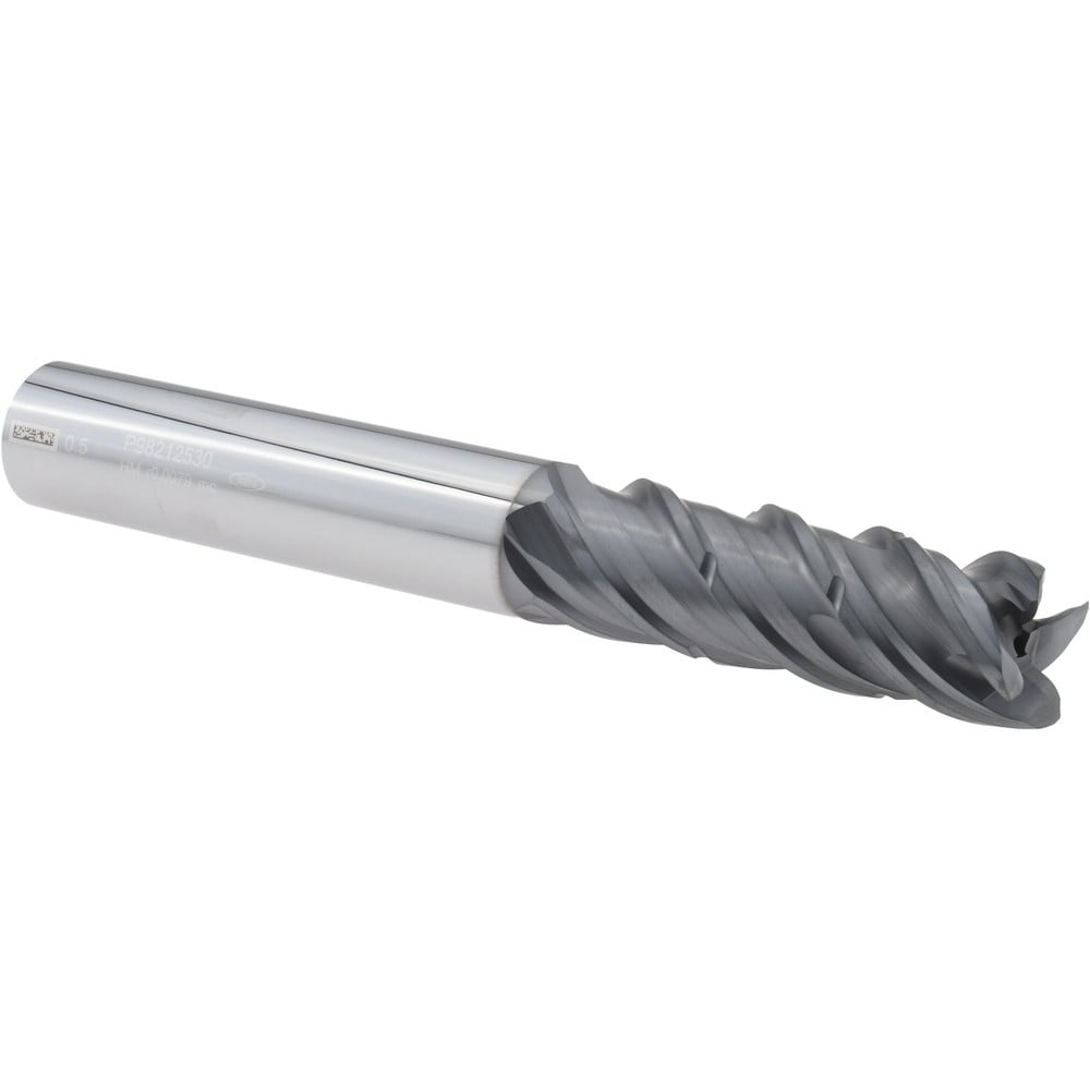 Corner Radius End Mill: 1/2" Dia, 2-1/2" LOC, 45 deg Helix, TiAlCrN Coated, Corner Radius End, Centercutting Series MB-NVDS