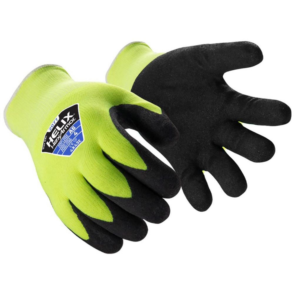 Cut, Puncture & Abrasion-Resistant Gloves: HexArmor® Helix, Cut A6, Puncture 4, Abrasion 4, 13 ga, Size Large, 10-1/4" Long - Acrylic, Nitrile-Coated, Palm & Fingertips Coating, Superior Grip, Black on High-Visibility Yellow Pair