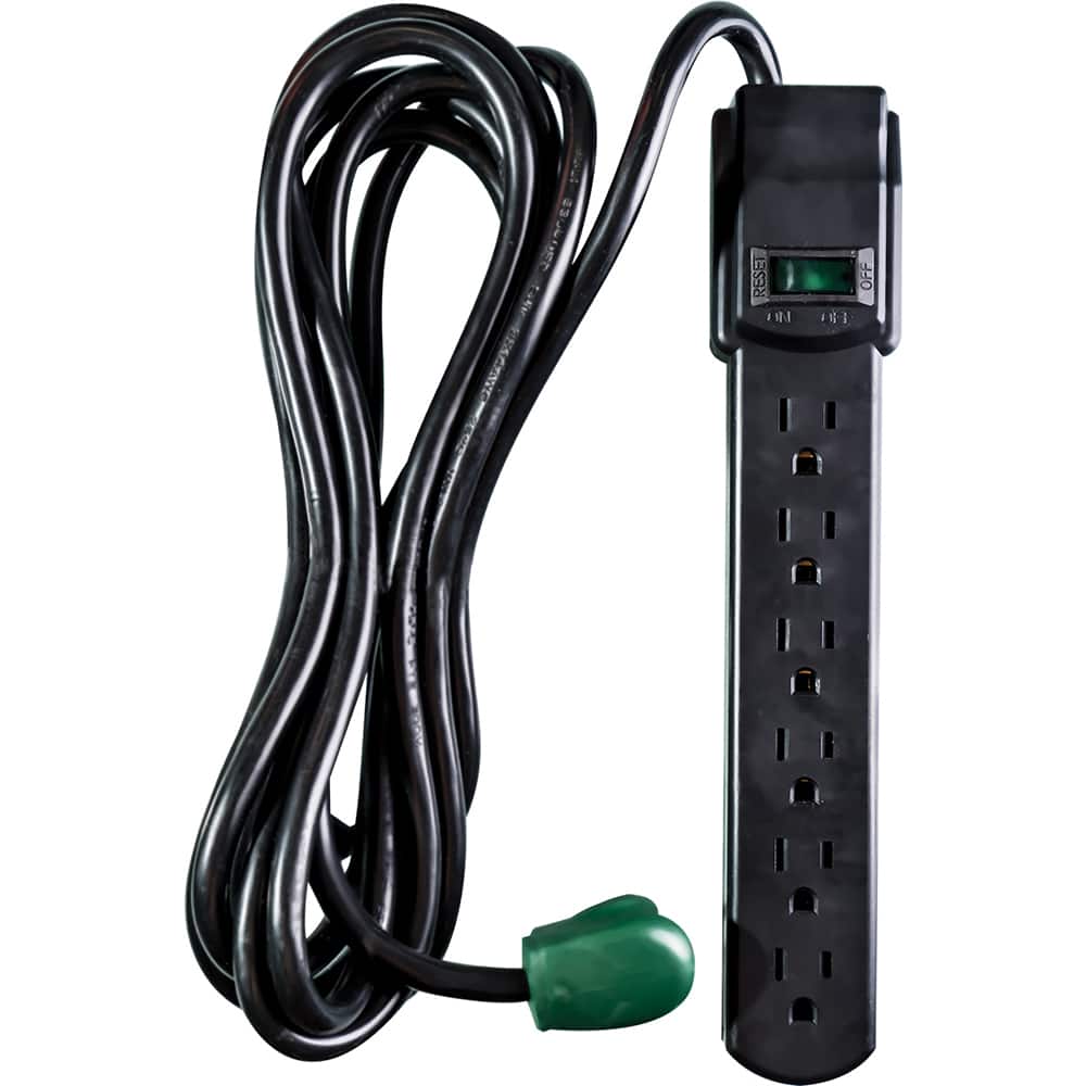 GoGreen Power GG-16103M-12BK Power Outlet Strips; Amperage: 15.0 ; Voltage: 125V ; Voltage: 125V ; Cord Length: 12ft ; Material: Plastic ; Number Of Outlets: 6 