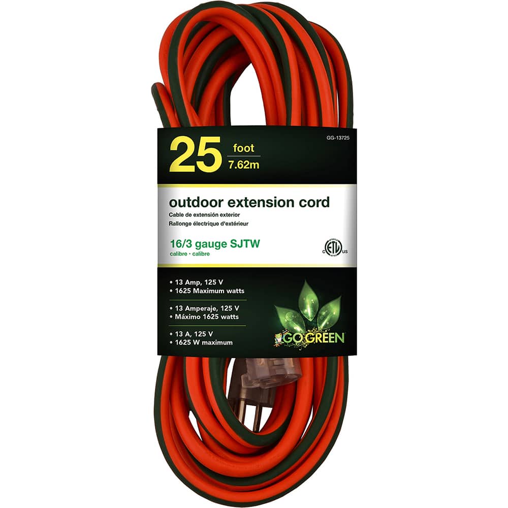 GoGreen Power GG-13725 Power Cords; Cord Type: Extension Cord ; Overall Length (Feet): 25 ; Cord Color: Orange ; Amperage: 13 ; Voltage: 125 ; Wire Gauge: 16 