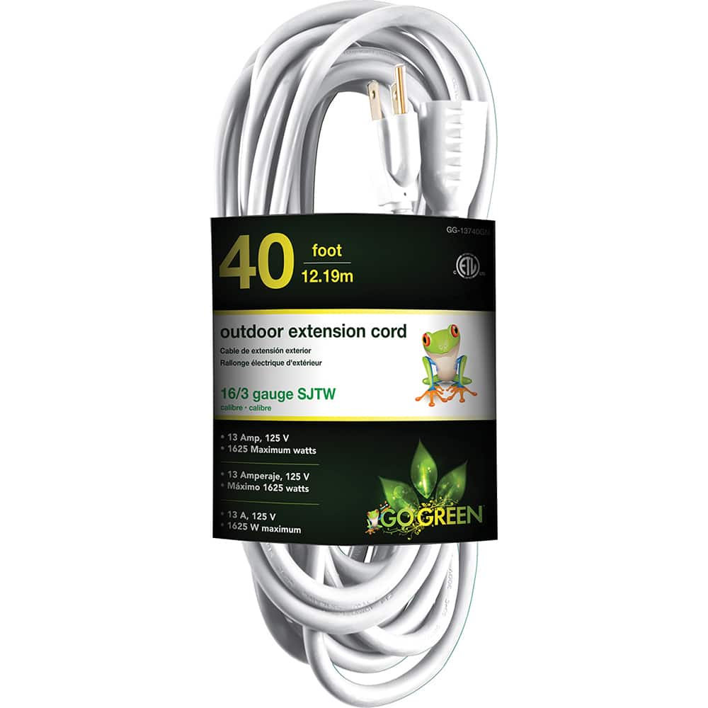 Power Cords; Cord Type: Extension Cord ; Overall Length (Feet): 40 ; Cord Color: White ; Amperage: 15 ; Voltage: 125 ; Wire Gauge: 16