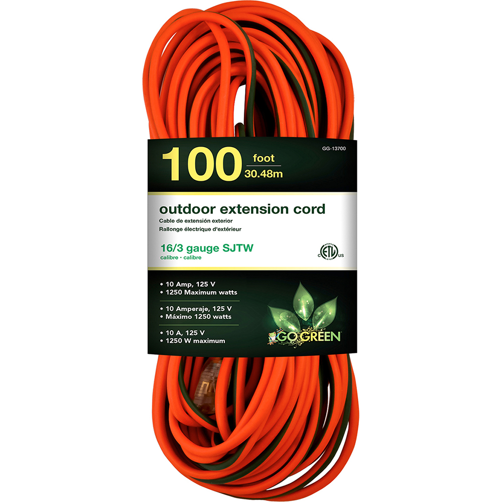Power Cords: Cord Type: Extension Cord; Overall Length (Feet): 100; Cord Color: Orange; Amperage: 10