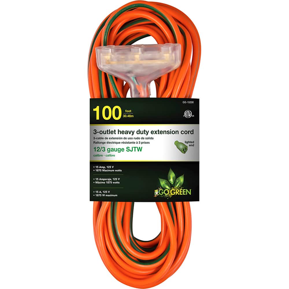 GoGreen Power GG-15200 Power Cords; Cord Type: Extension Cord ; Overall Length (Feet): 100 ; Cord Color: Orange ; Amperage: 15 ; Voltage: 125 ; Wire Gauge: 12 