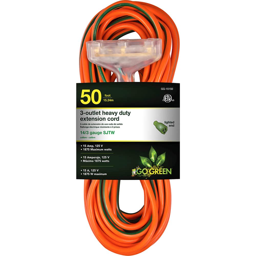 GoGreen Power GG-15150 Power Cords; Cord Type: Extension Cord ; Overall Length (Feet): 50 ; Cord Color: Orange ; Amperage: 15 ; Voltage: 125 ; Wire Gauge: 14 