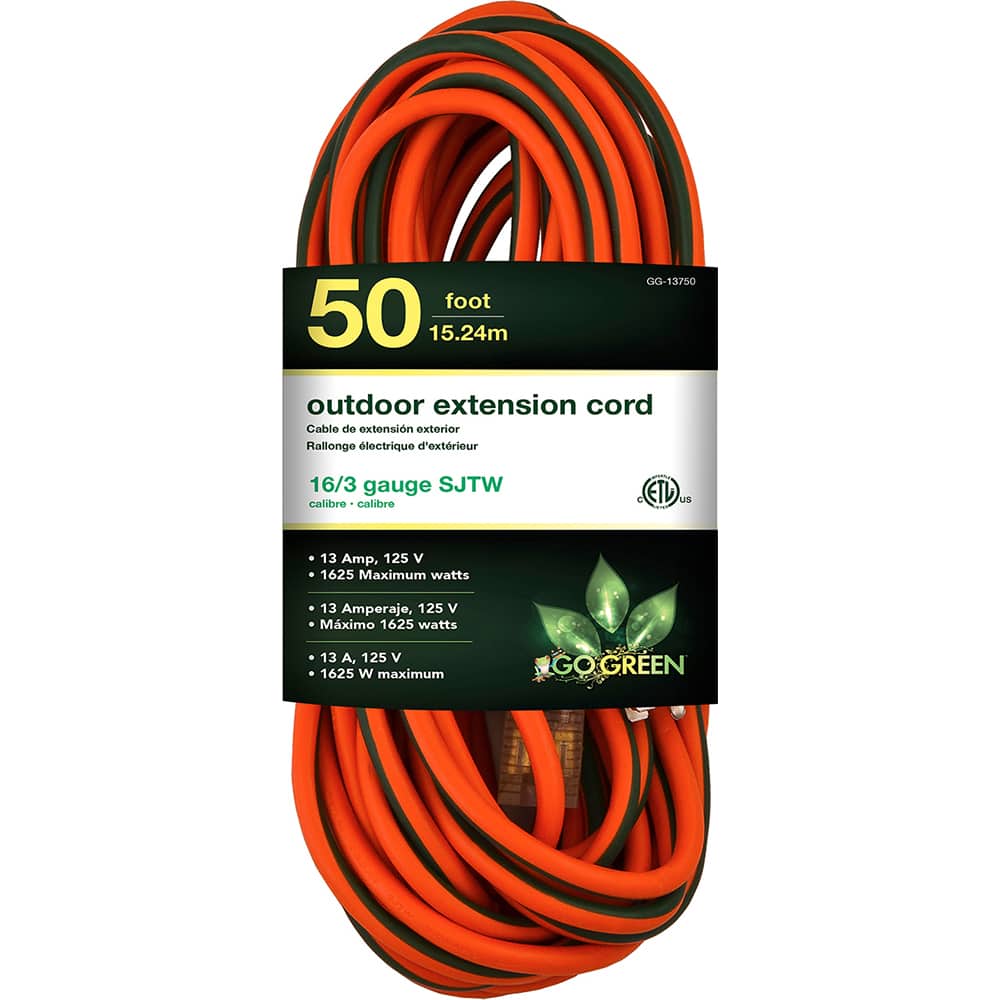 Power Cords; Cord Type: Extension Cord ; Overall Length (Feet): 50 ; Cord Color: Orange ; Amperage: 13 ; Voltage: 125 ; Wire Gauge: 16