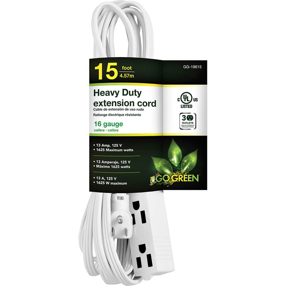 GoGreen Power GG-19615 Power Cords; Cord Type: Extension Cord ; Overall Length (Feet): 15 ; Cord Color: White ; Amperage: 13 ; Voltage: 125 ; Wire Gauge: 16 
