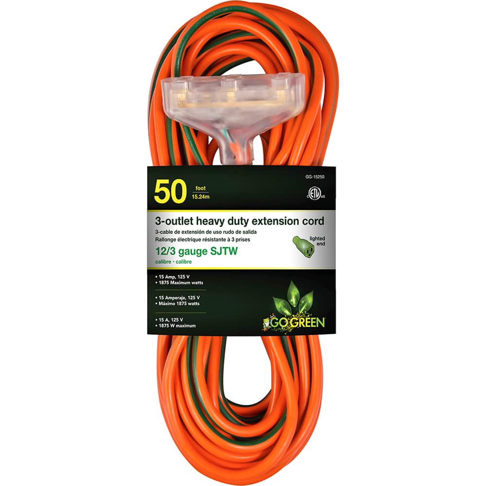 GoGreen Power GG-15250 Power Cords; Overall Length (Feet): 20 ; Cord Color: Orange ; Amperage: 15 ; Voltage: 125 ; Wire Gauge: 12 ; Number Of Conductors: 3 