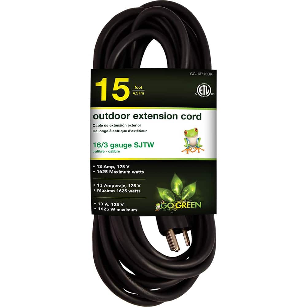 Power Cords; Cord Type: Extension Cord ; Overall Length (Feet): 15 ; Cord Color: Black ; Amperage: 13 ; Voltage: 125 ; Wire Gauge: 16