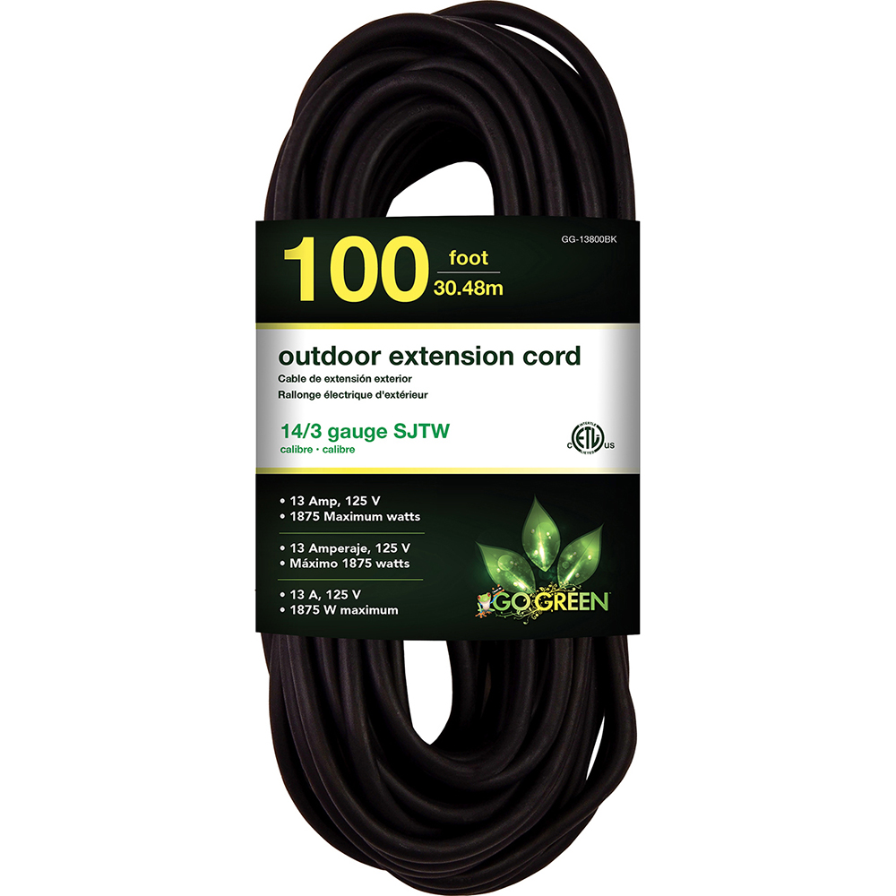 GoGreen Power Power Cords Cord Type Extension Cord Overall Length Feet 100 Cord Color Black Amperage 13  Part GG13800BK