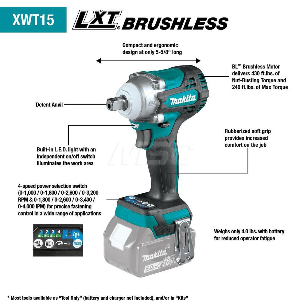 Makita Cordless Impact Wrench 18V, 1/2" Drive, 0 to 3,200 RPM MSC