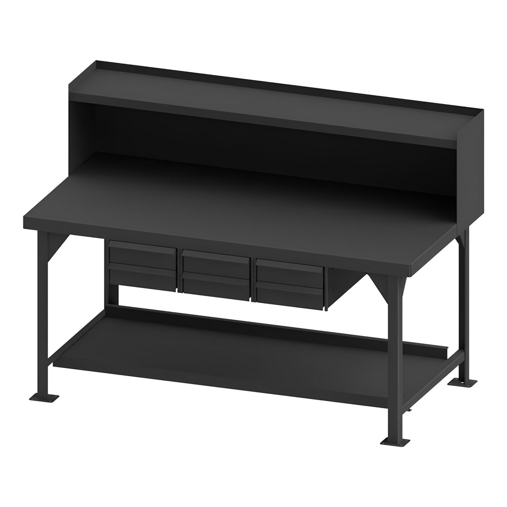 Heavy-Duty Work Bench with Riser: 72" Wide, 36" Deep, 6 to 50-7/8" High, Powder Coated & Textured, Steel Top, Steel Base, Gray - 12000 lb Capacity, Rounded Edge, 1 Shelf, 6.000 Drawer, Assembled