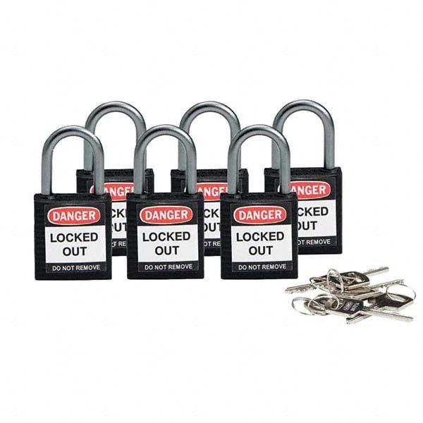 Lockout Padlock: Keyed Alike, Key Retaining, Nylon, 1" High, Nylon Shackle, Black