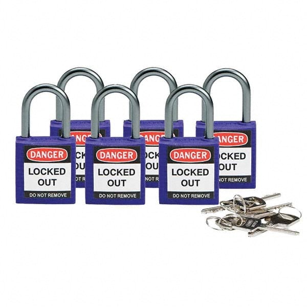 Lockout Padlock: Keyed Alike, Key Retaining, Nylon, 1" High, Nylon Shackle, Purple