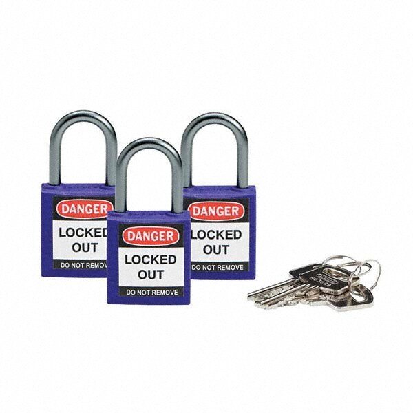 Lockout Padlock: Keyed Alike, Key Retaining, Nylon, 1" High, Nylon Shackle, Purple