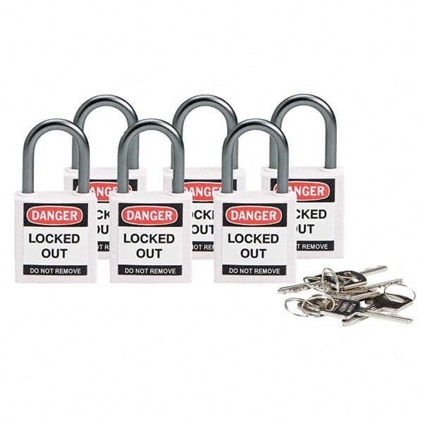 Lockout Padlock: Keyed Alike, Key Retaining, Nylon, 1" High, Nylon Shackle, White