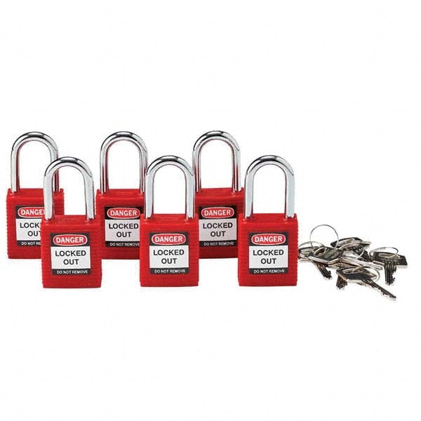 Lockout Padlock: Keyed Alike, Key Retaining, Nylon, Nylon Shackle, Red