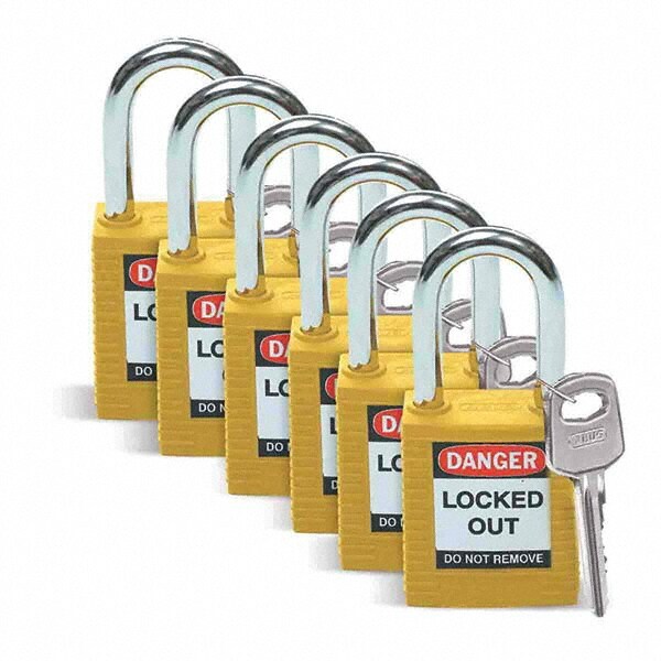 Lockout Padlock: Keyed Alike, Key Retaining, Nylon, Nylon Shackle, Yellow