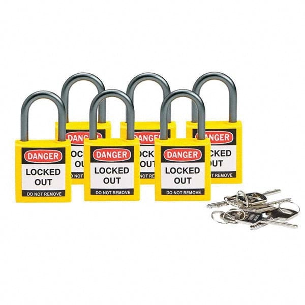 Lockout Padlock: Keyed Alike, Key Retaining, Nylon, 1" High, Nylon Shackle, Yellow