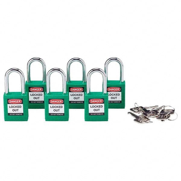 Lockout Padlock: Keyed Alike, Key Retaining, Nylon, Nylon Shackle, Green