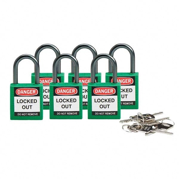 Lockout Padlock: Keyed Different, Key Retaining, Nylon, 1" High, Nylon Shackle, Green