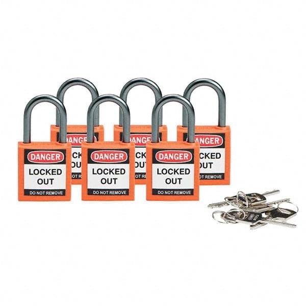 Lockout Padlock: Keyed Different, Key Retaining, Nylon, 1" High, Nylon Shackle, Orange