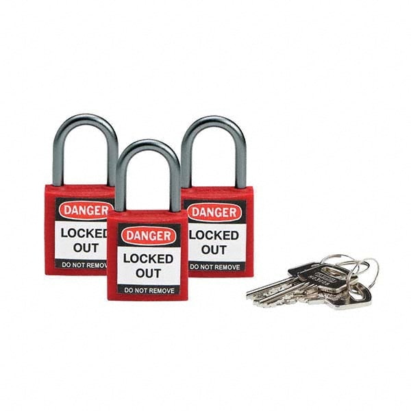 Lockout Padlock: Keyed Alike, Key Retaining, Nylon, 1" High, Nylon Shackle, Red