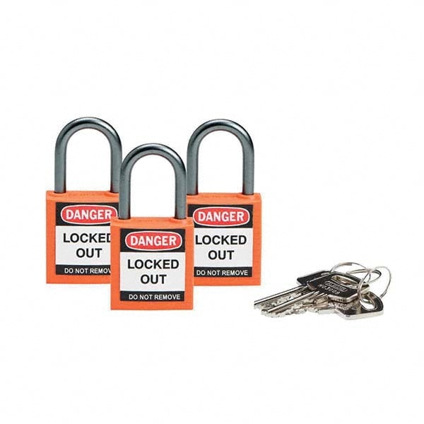 Lockout Padlock: Keyed Alike, Key Retaining, Nylon, 1" High, Nylon Shackle, Orange