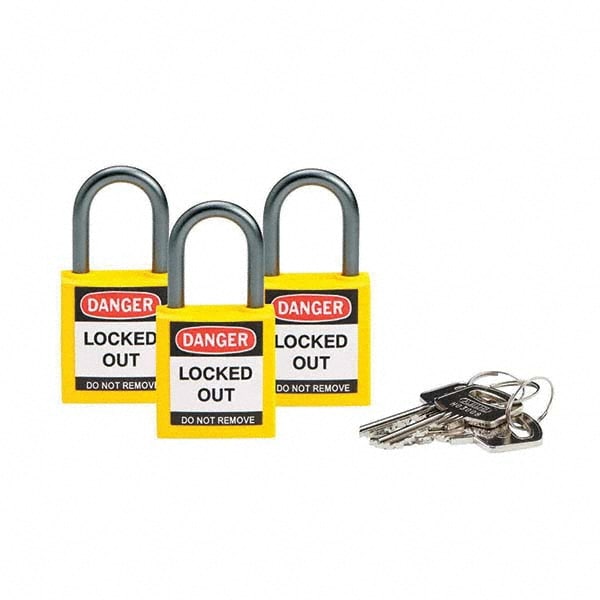 Lockout Padlock: Keyed Alike, Key Retaining, Nylon, 1" High, Nylon Shackle, Yellow