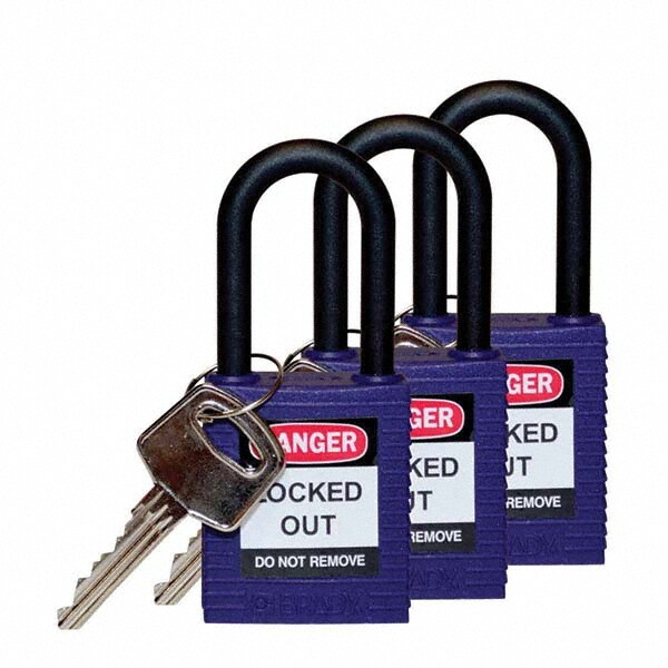 Lockout Padlock: Keyed Alike, Key Retaining, Nylon, Nylon Shackle, Purple