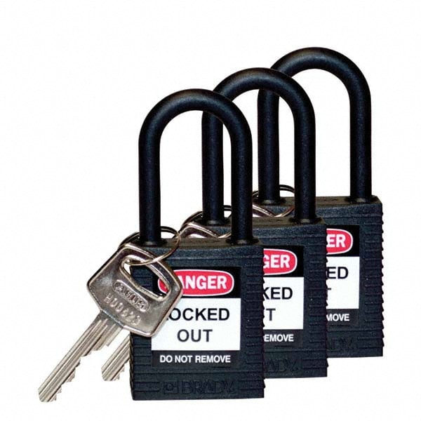 Lockout Padlock: Keyed Alike, Key Retaining, Nylon, Nylon Shackle, Black