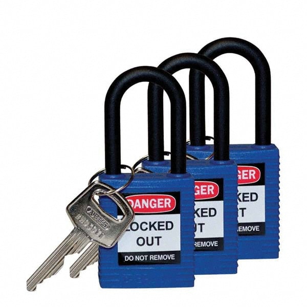 Lockout Padlock: Keyed Alike, Key Retaining, Nylon, Nylon Shackle, Blue