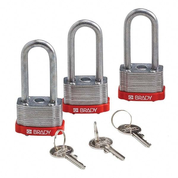 Lockout Padlock: Keyed Alike, Key Retaining, Steel, 2" High, Steel Shackle, Red