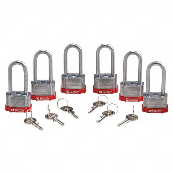 Lockout Padlock: Keyed Alike, Key Retaining, Steel, 2" High, Steel Shackle, Red