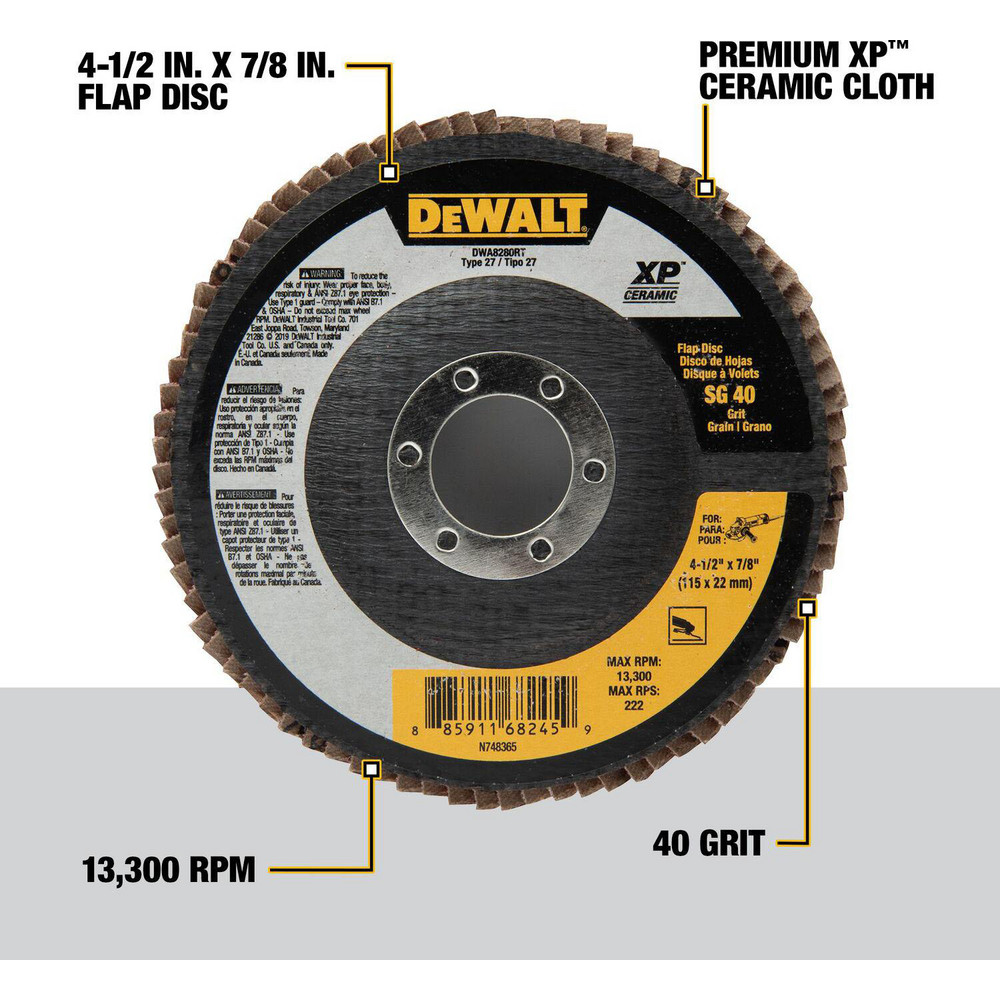 Flap Disc:  4-1/2" Dia, 7/8" Hole, Ceramic Alumina, Type 27 - Coated, Coarse Grade, Cotton-Backed, 13300 Max RPM