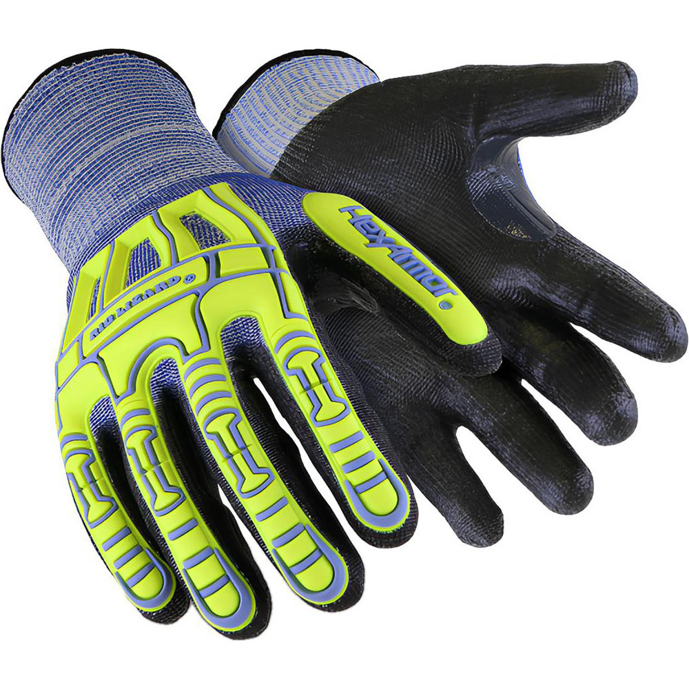 Cut, Puncture & Abrasion-Resistant Gloves: Rig Lizard 2095, Cut A6, Puncture 5, Abrasion 4, 13 ga, Size 2X-Large, 10-3/4" Long - HPPE Blend, Polyurethane-Coated, Palm & Fingertips Coating, Superior Grip, Black on Blue<multisep/>High-Visibility Yellow Pair