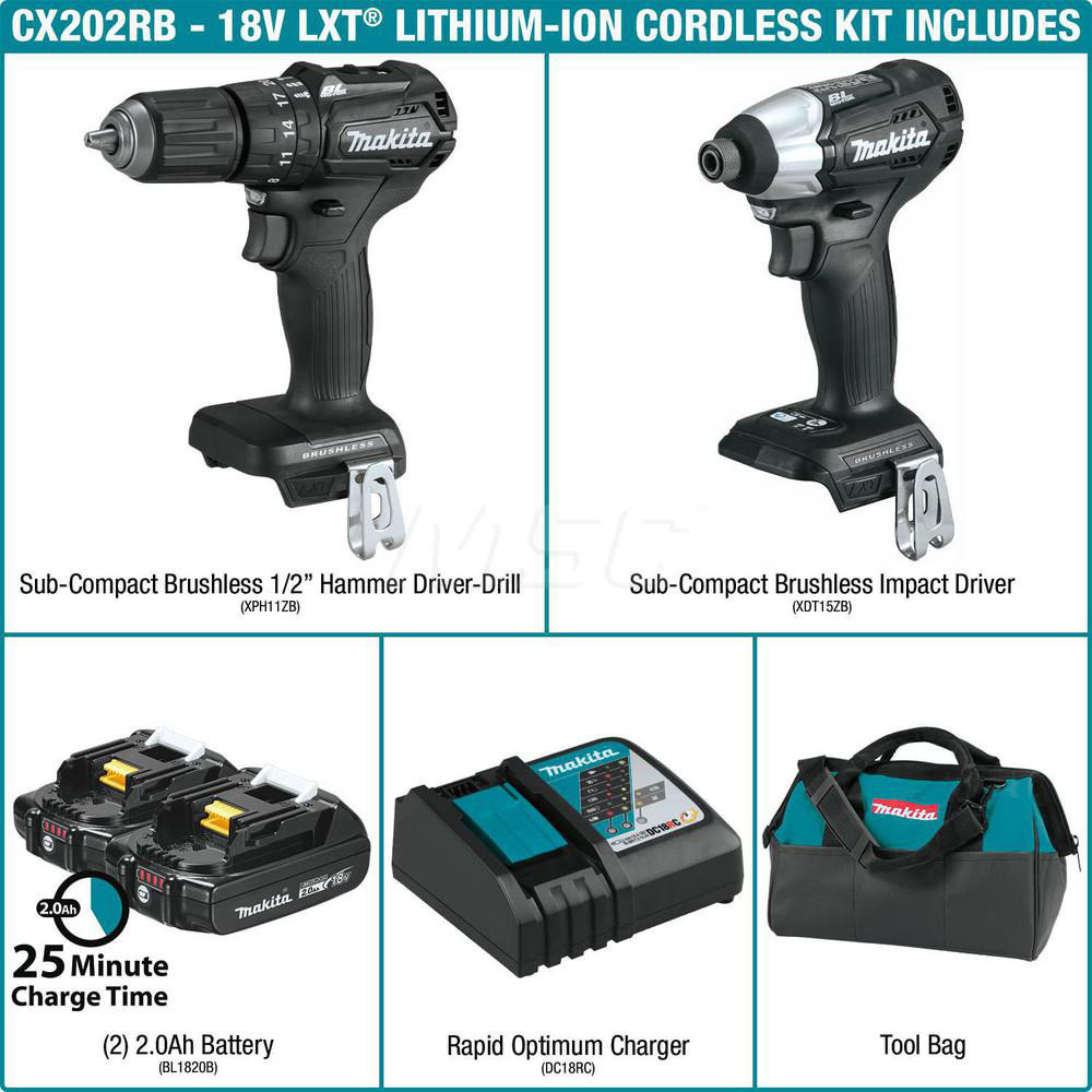 Makita Cordless Tool Combination Kit 18V, 2 Pc MSC Industrial