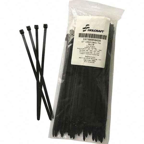 Ability One 5975009856630 Cable Tie Duty: 12" Long, Black, Plastic Pulyhexamethylene Adipamide, Standard 