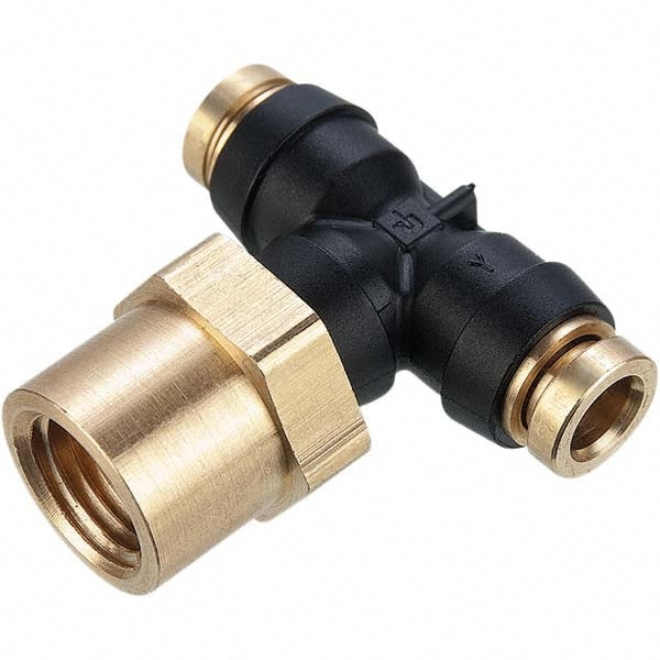 Parker 377PTC-4-4 Push-to-Connect Tube Fitting: Female Branch Tee Swivel, Tee 1/4" Thread, 1/4 x 1/4" OD Image