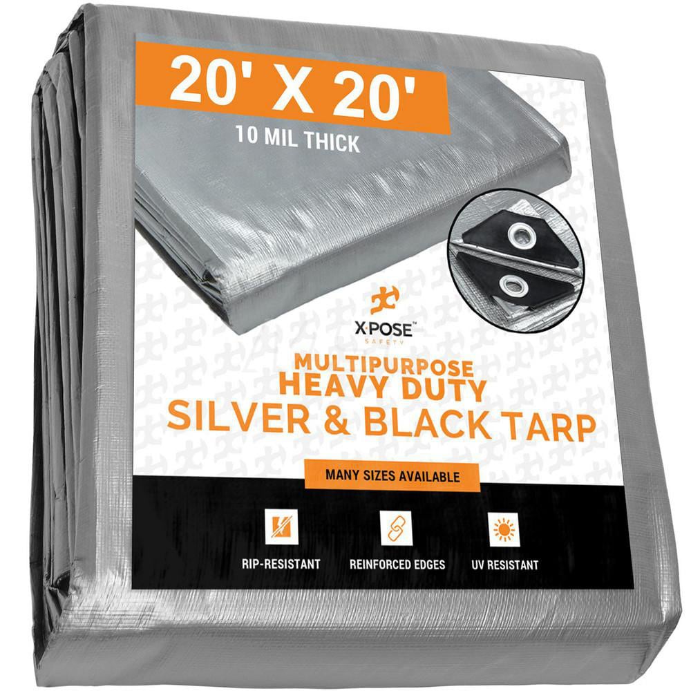 Tarp/Dust Cover: Silver & Black, Rectangle, Polyethylene, 20' Long x 20' Wide, 10 mil