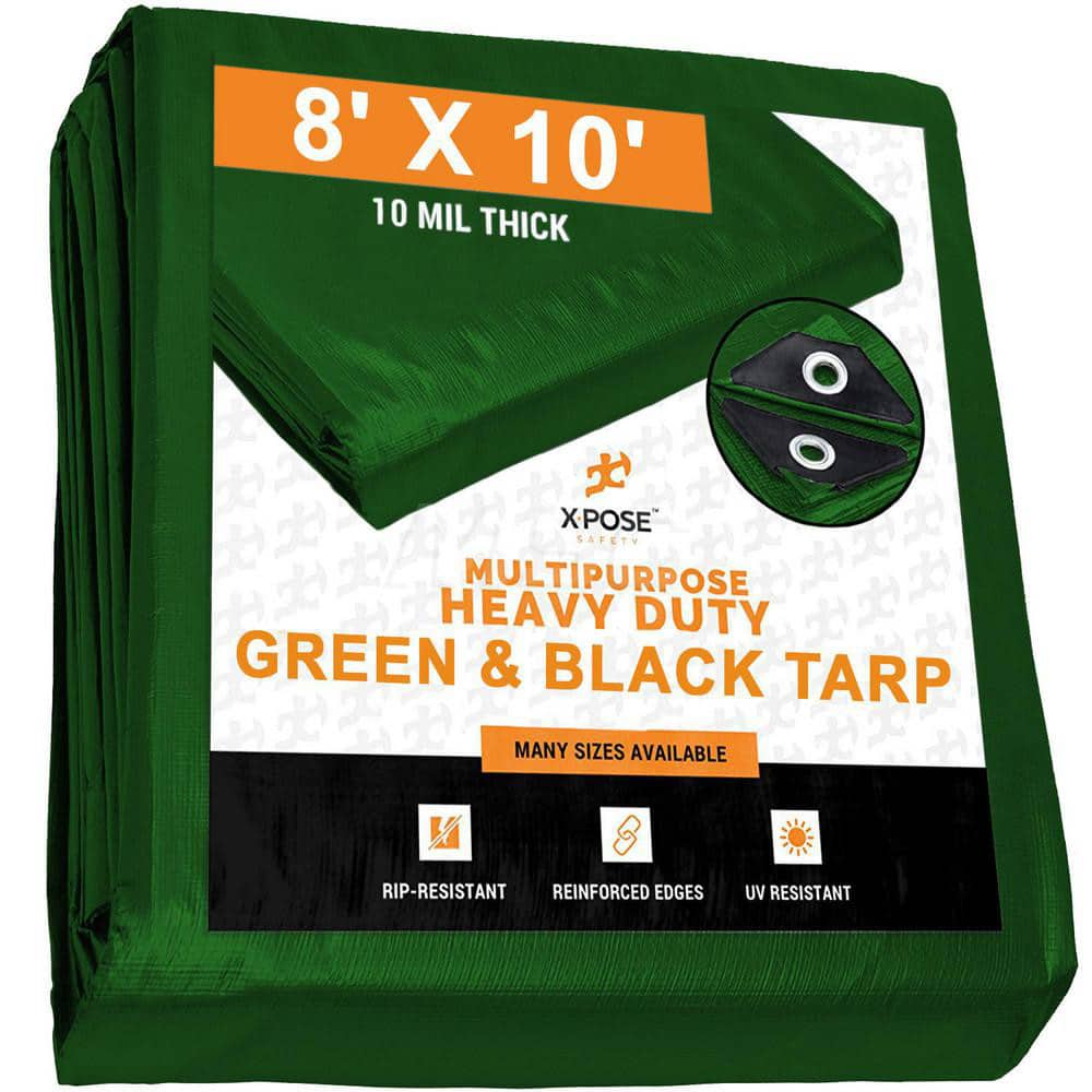 Tarp/Dust Cover: Black & Green, Rectangle, Polyethylene, 10' Long x 8' Wide, 10 mil