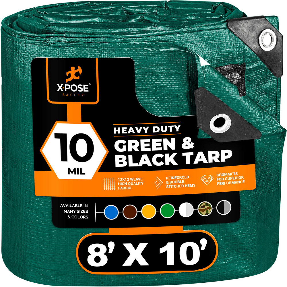 Tarp/Dust Cover: Black & Green, Rectangle, Polyethylene, 10' Long x 8' Wide, 10 mil - Polyethylene, Rectangle